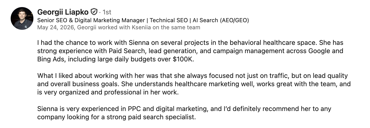 LinkedIn recommendation from Georgii Liapko